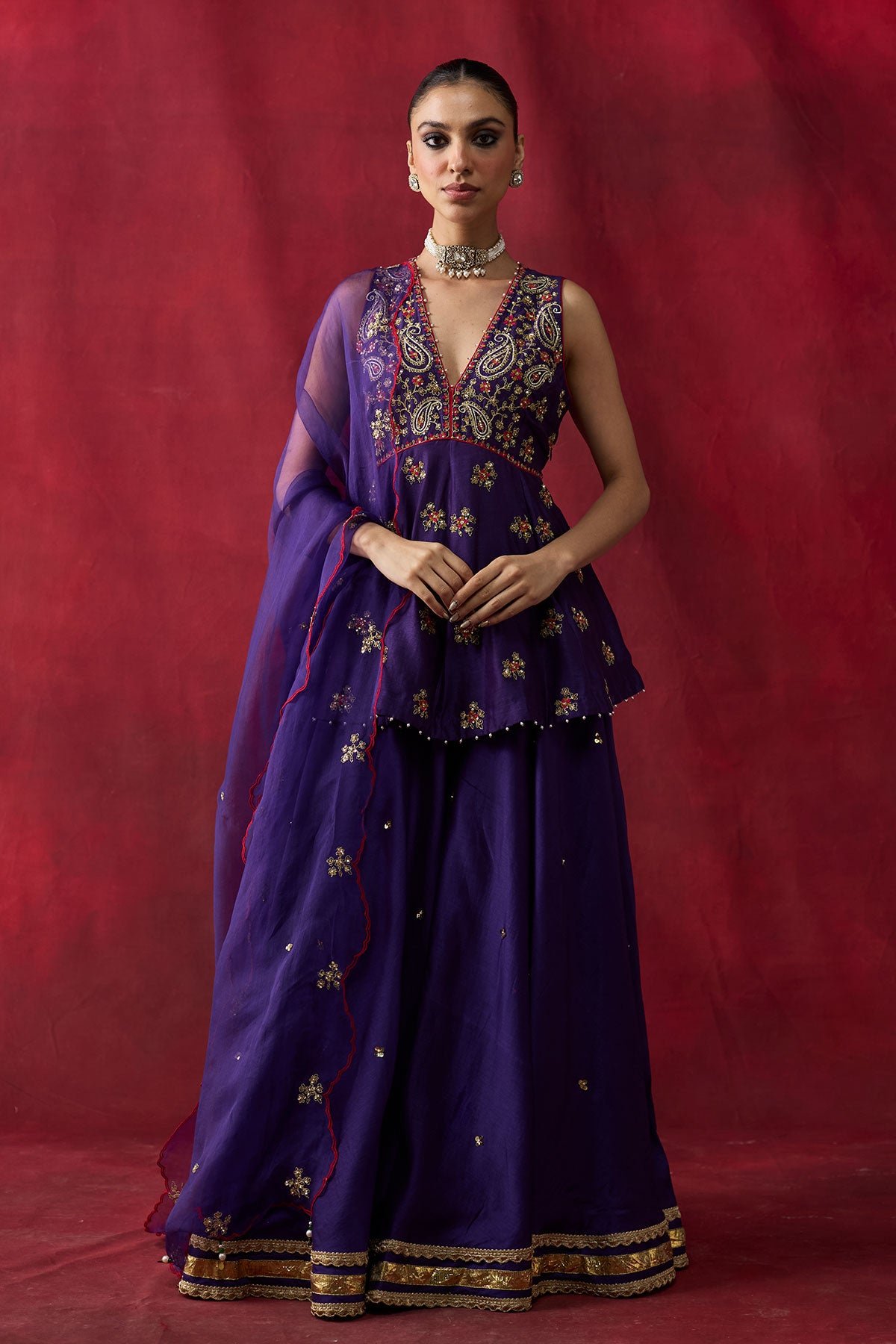 Purple Silk Chanderi Peplum and Sharara Co-ord Set