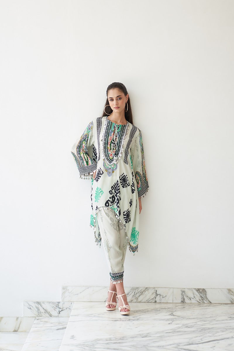 Cream Printed Crepe Kurta Set with Tie-Up Neck