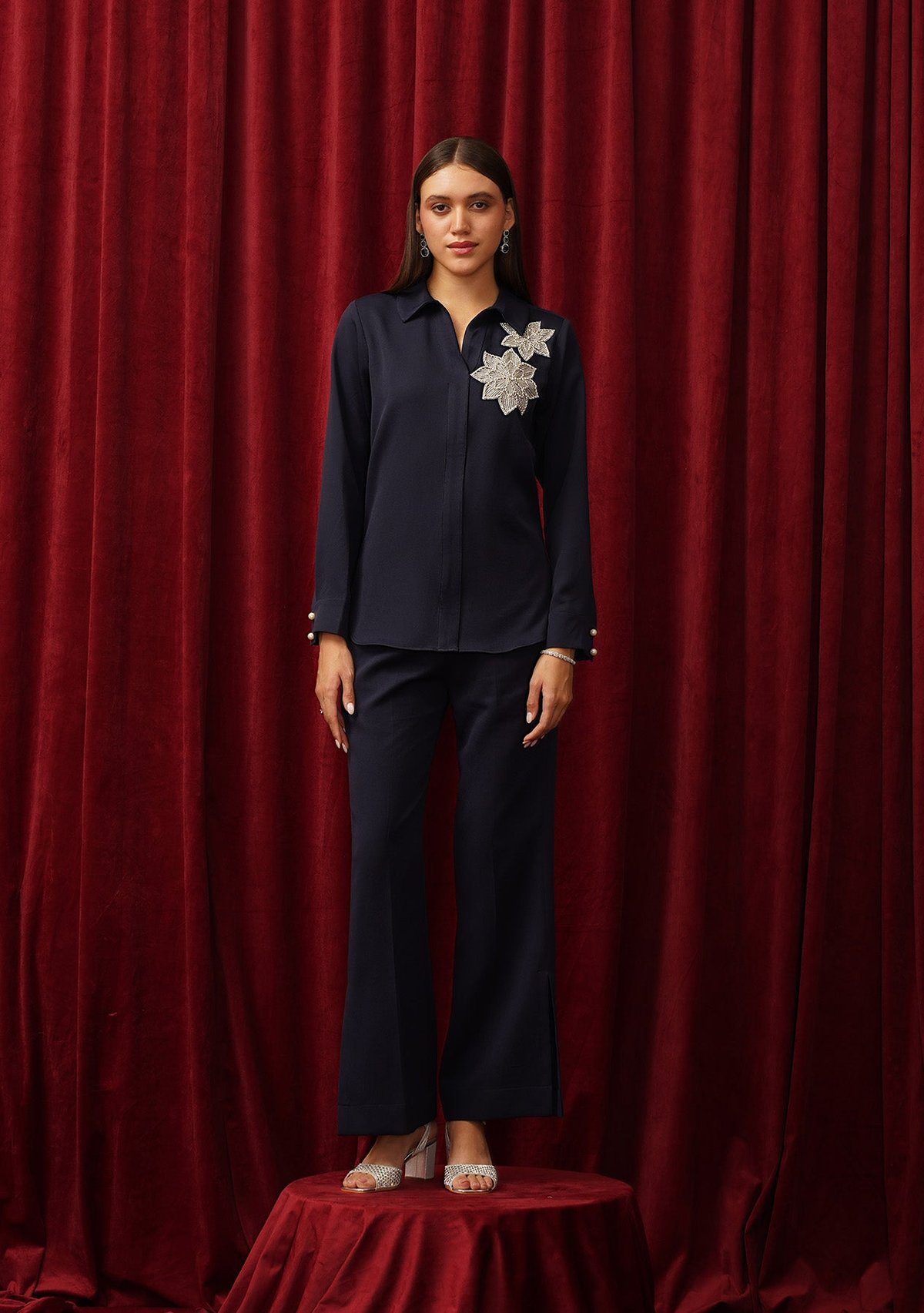 Navy Embellished Shirt and Wide-Leg Co-ord Set