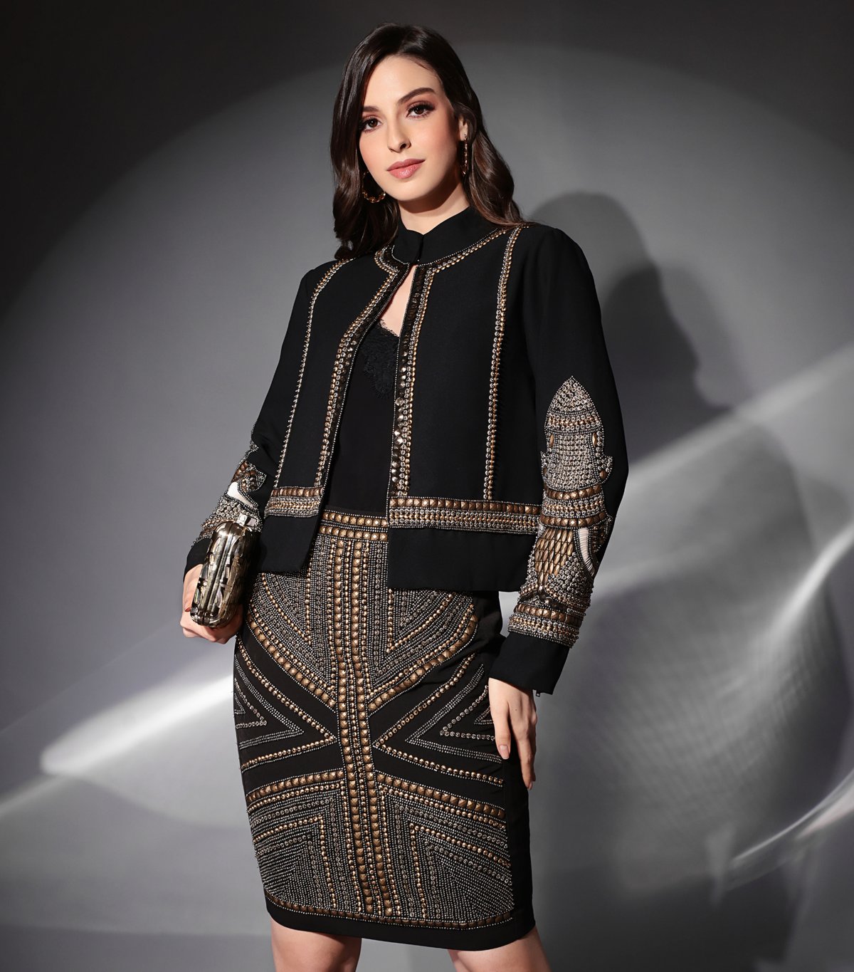 Black Embellished Jacket and Pencil Skirt Co-ord Set