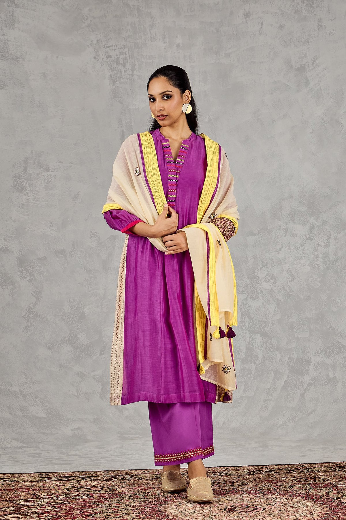 Purple Chanderi Colorblock A-Line Kurta Set