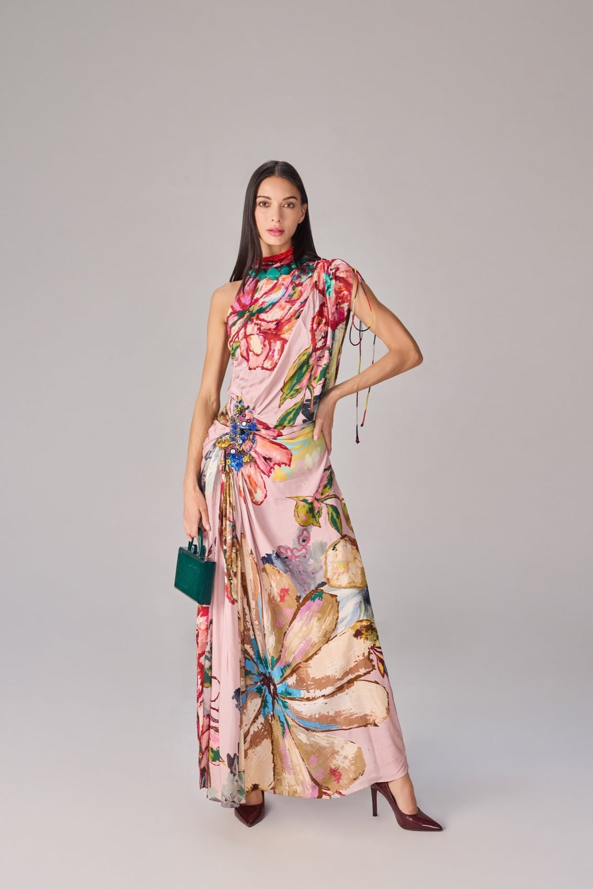 Multi Colour Floral One-Shoulder Crepe Maxi Dress