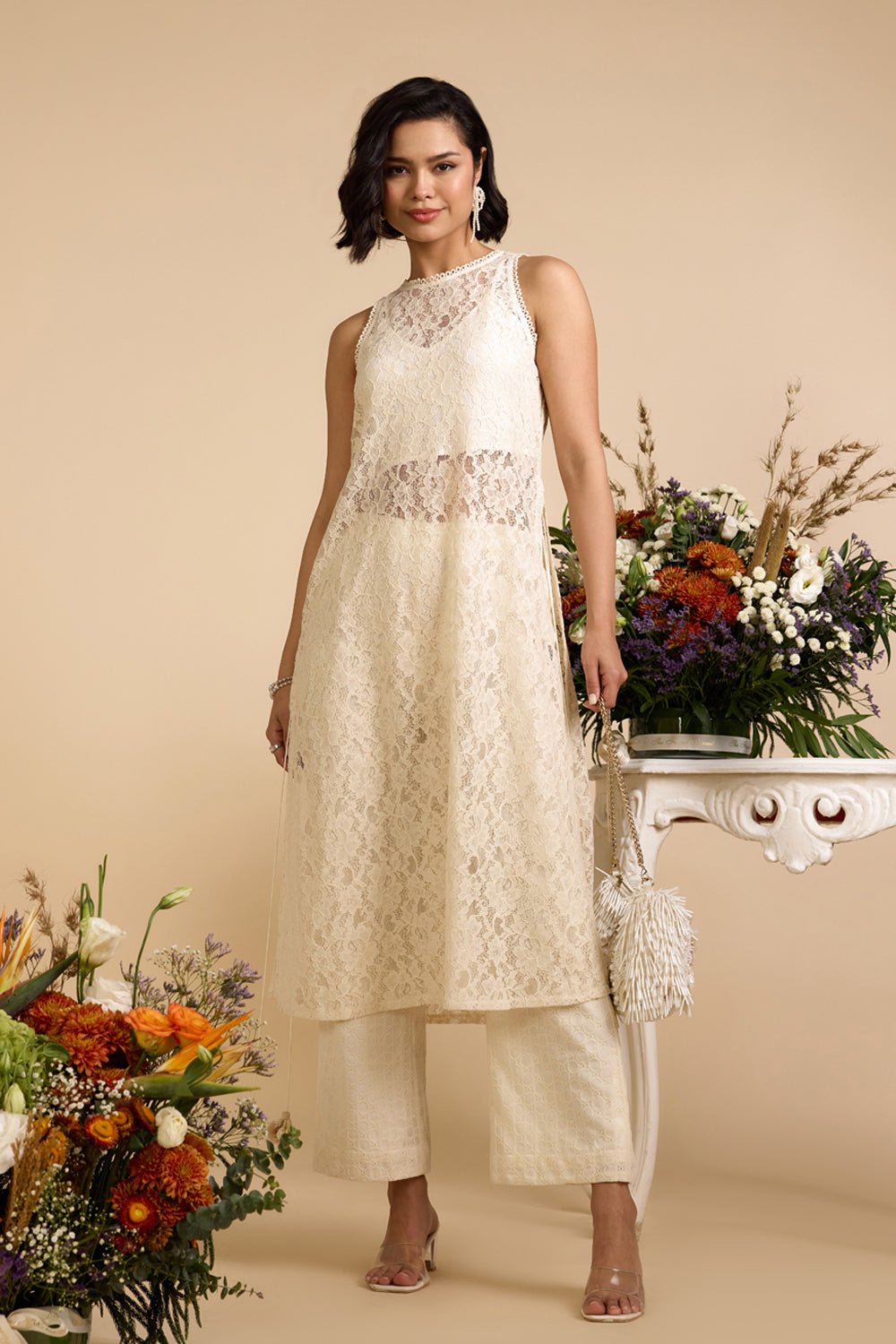 Ivory Sheer Lace Halter-Neck Kurta Set with Pants