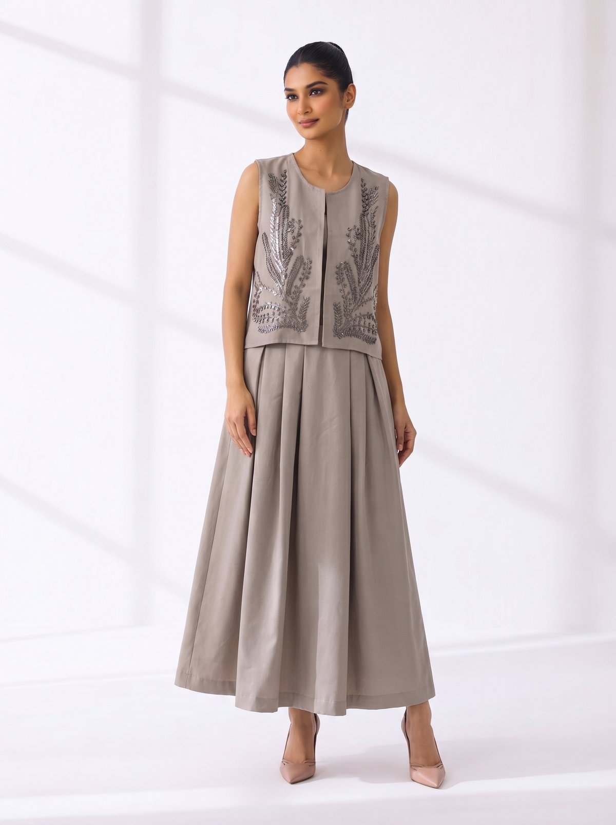 Grey Embellished Jacket and Maxi Skirt Co-ord Set