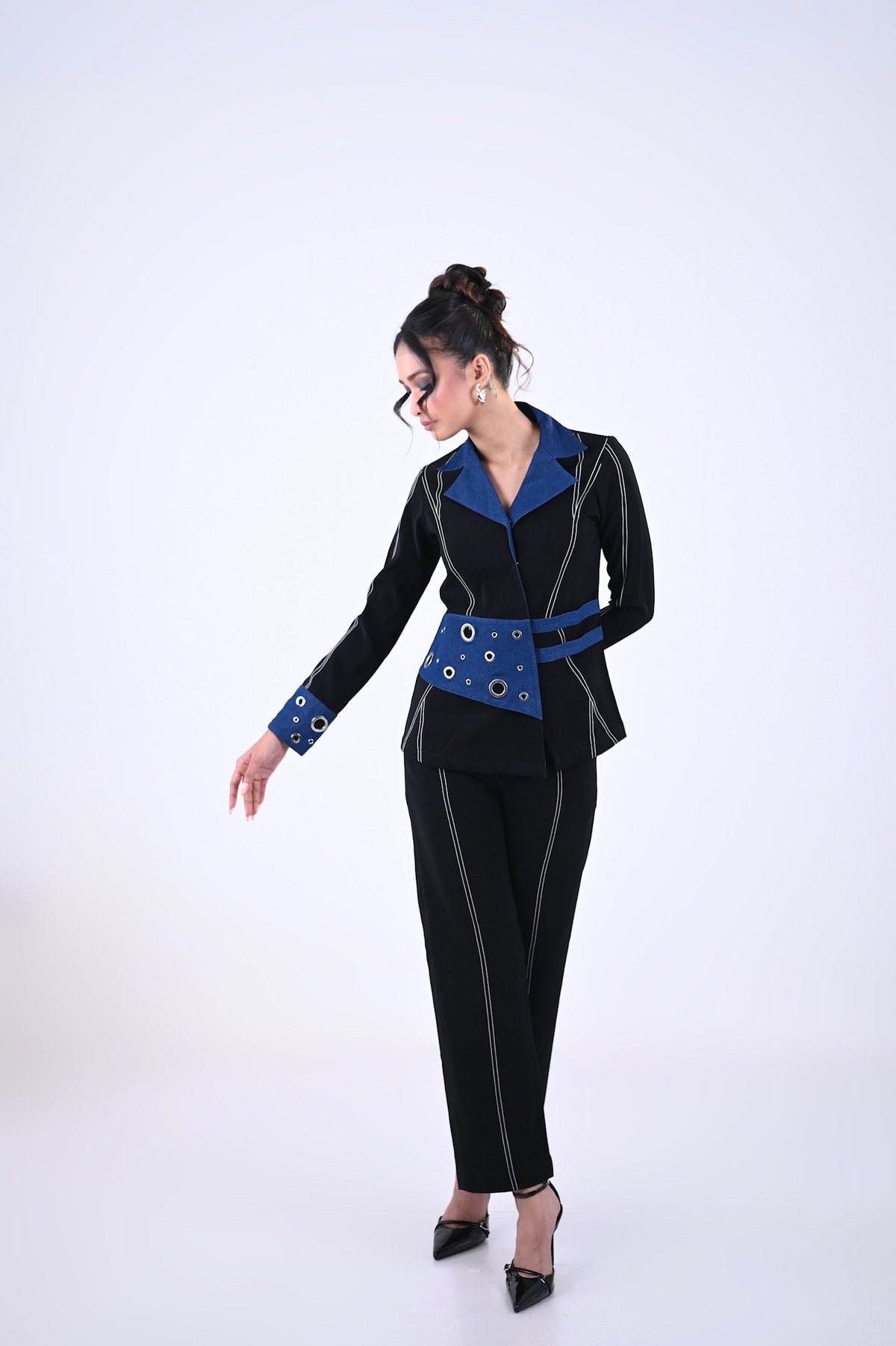 Black Straight-Leg Striped Trousers