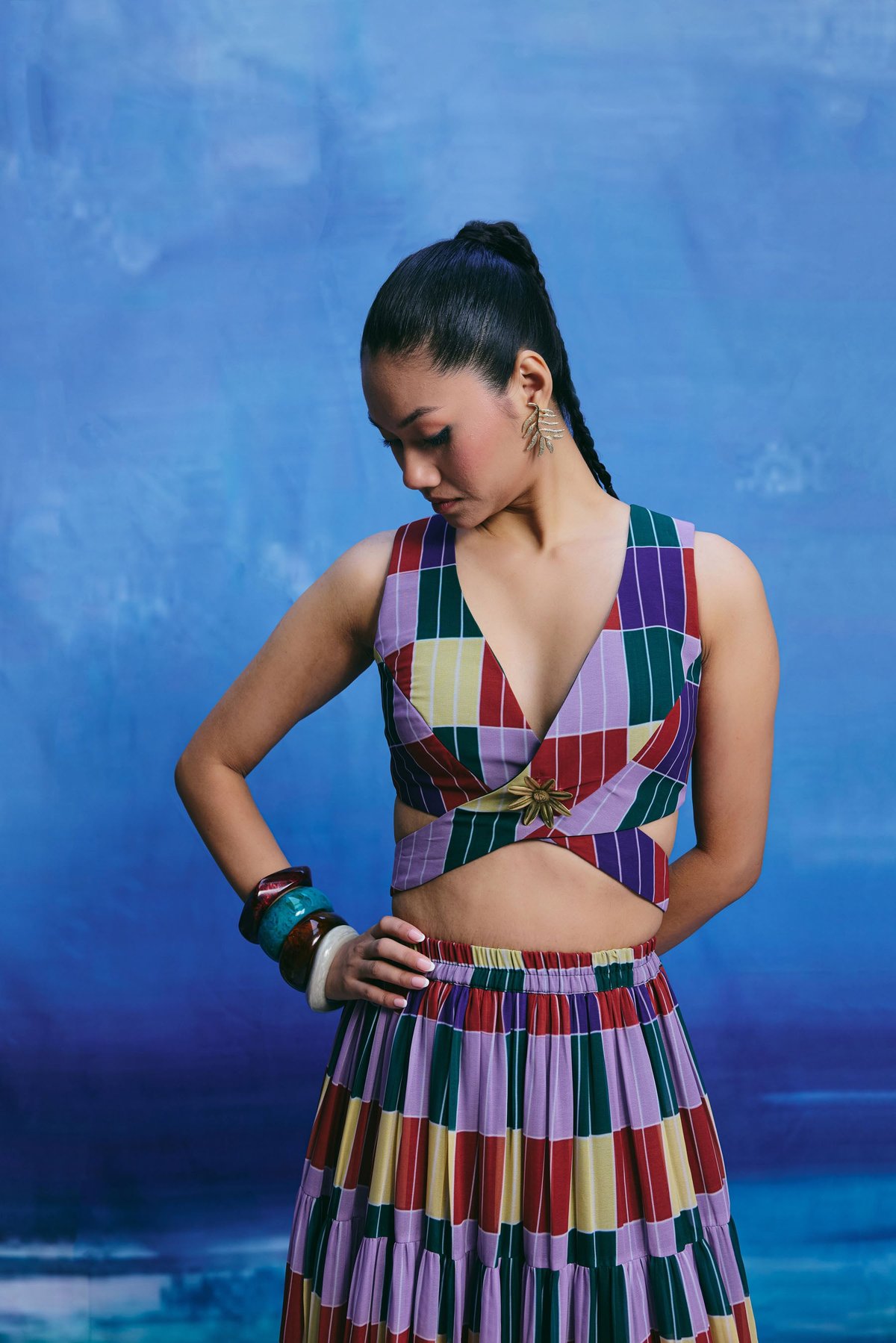 Multicolour Checked Wrap Crop Top with Back Tie