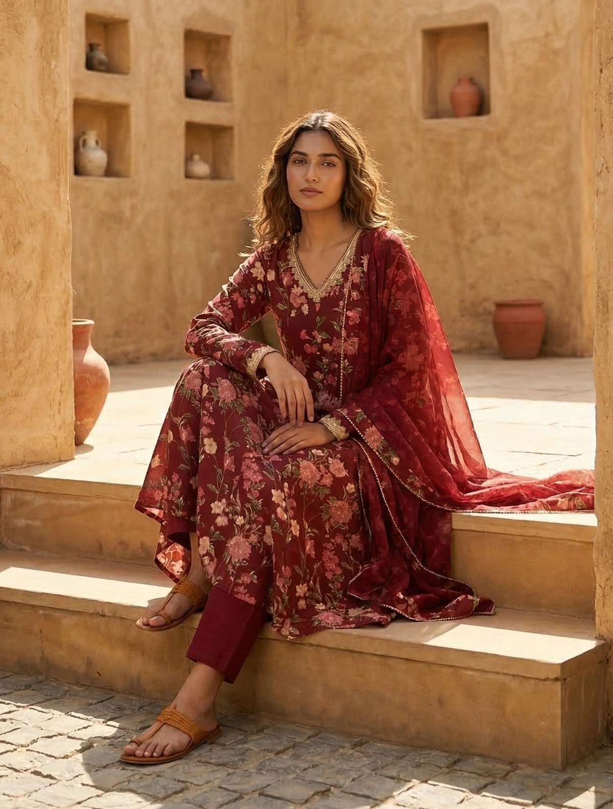 Maroon Floral Print V-Neck Anarkali Kurta Pant