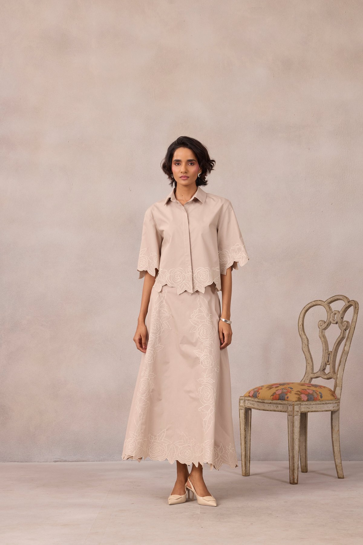 Ginger Beige Cutwork Shirt and Midi Skirt Co-ord Set