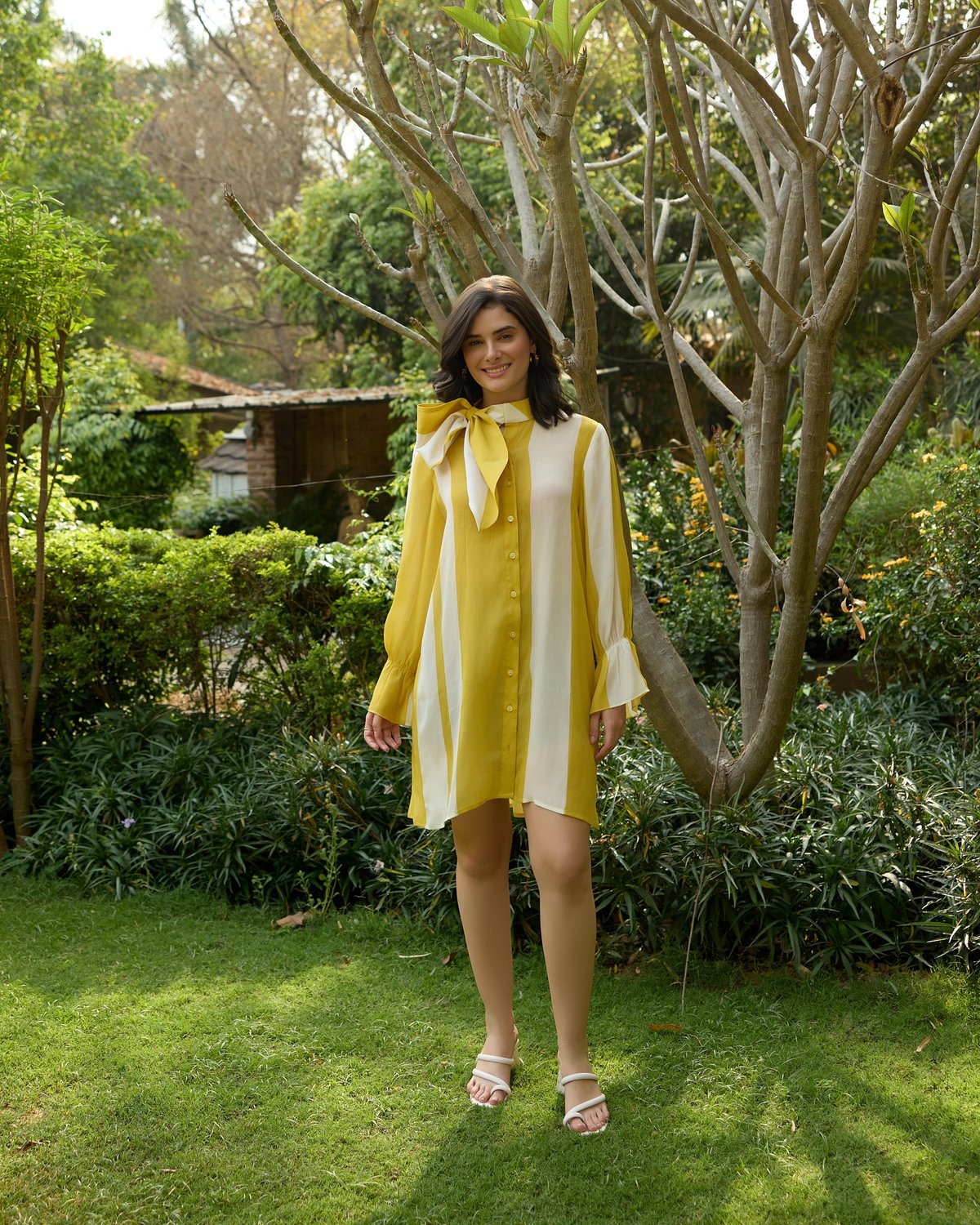 Yellow and White Striped Tie-Neck Mini Shirt Dress