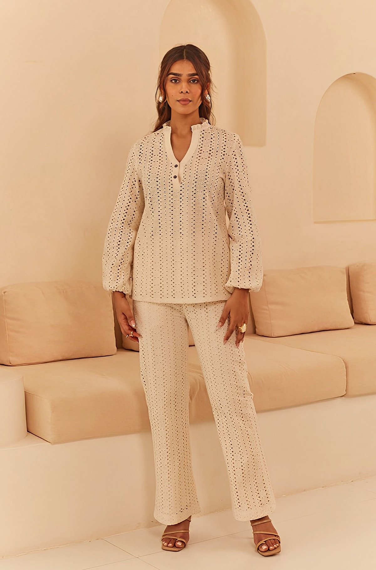 Cream Cotton Cutwork Co-ord Set with Wide-Leg Pants