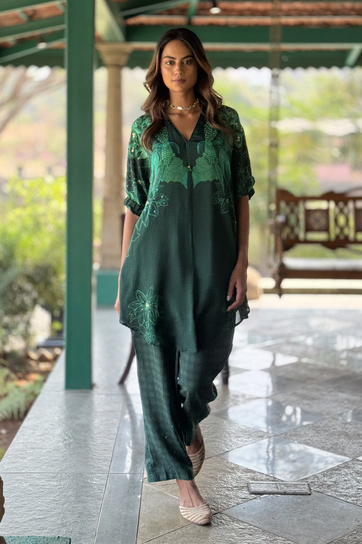 Bottle Green Printed Kurta Set with Straight Pants