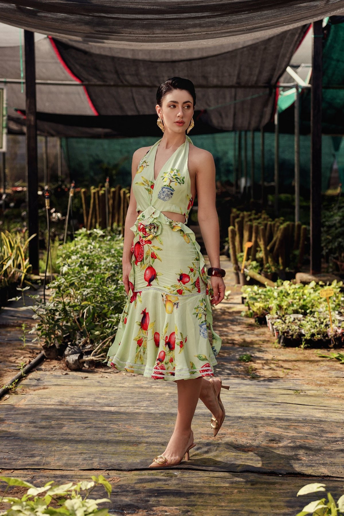 Green Silk Halter-Neck Printed Midi Dress with Cut-Outs
