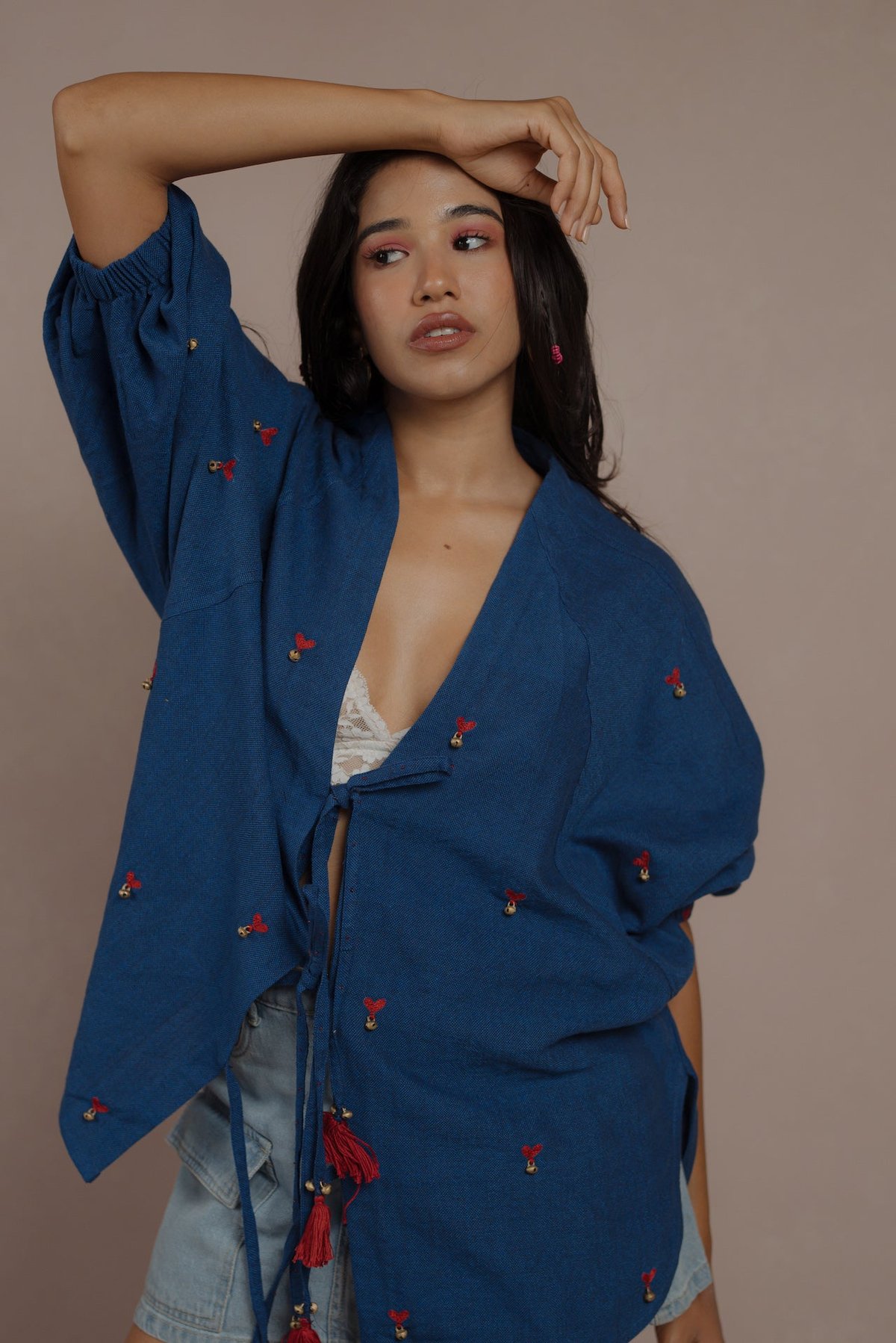 Blue Tie-Up Shacket Shirt with Ghungroo Embroidery