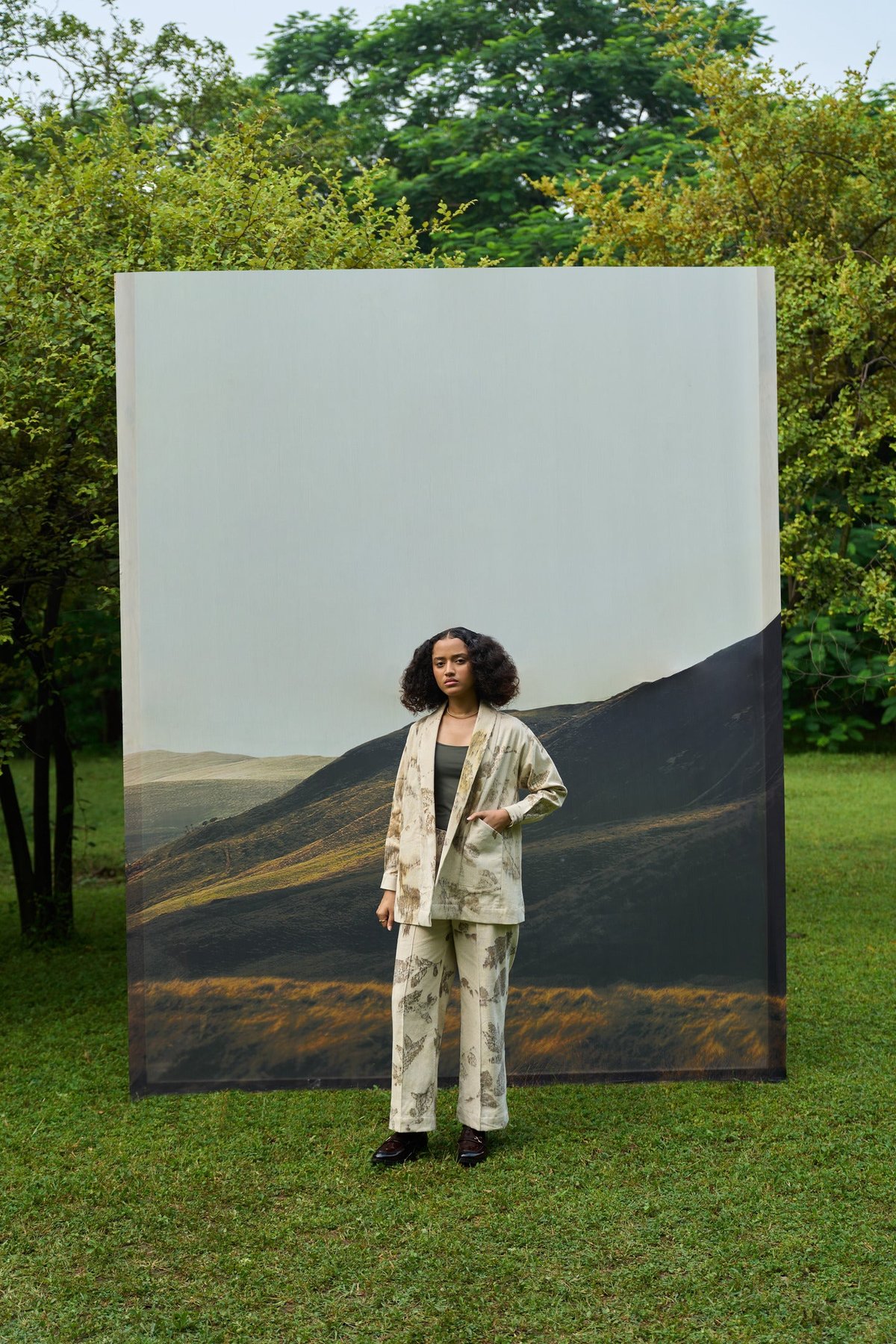 Beige Corduroy Overlay and Straight Pants Co-ord Set