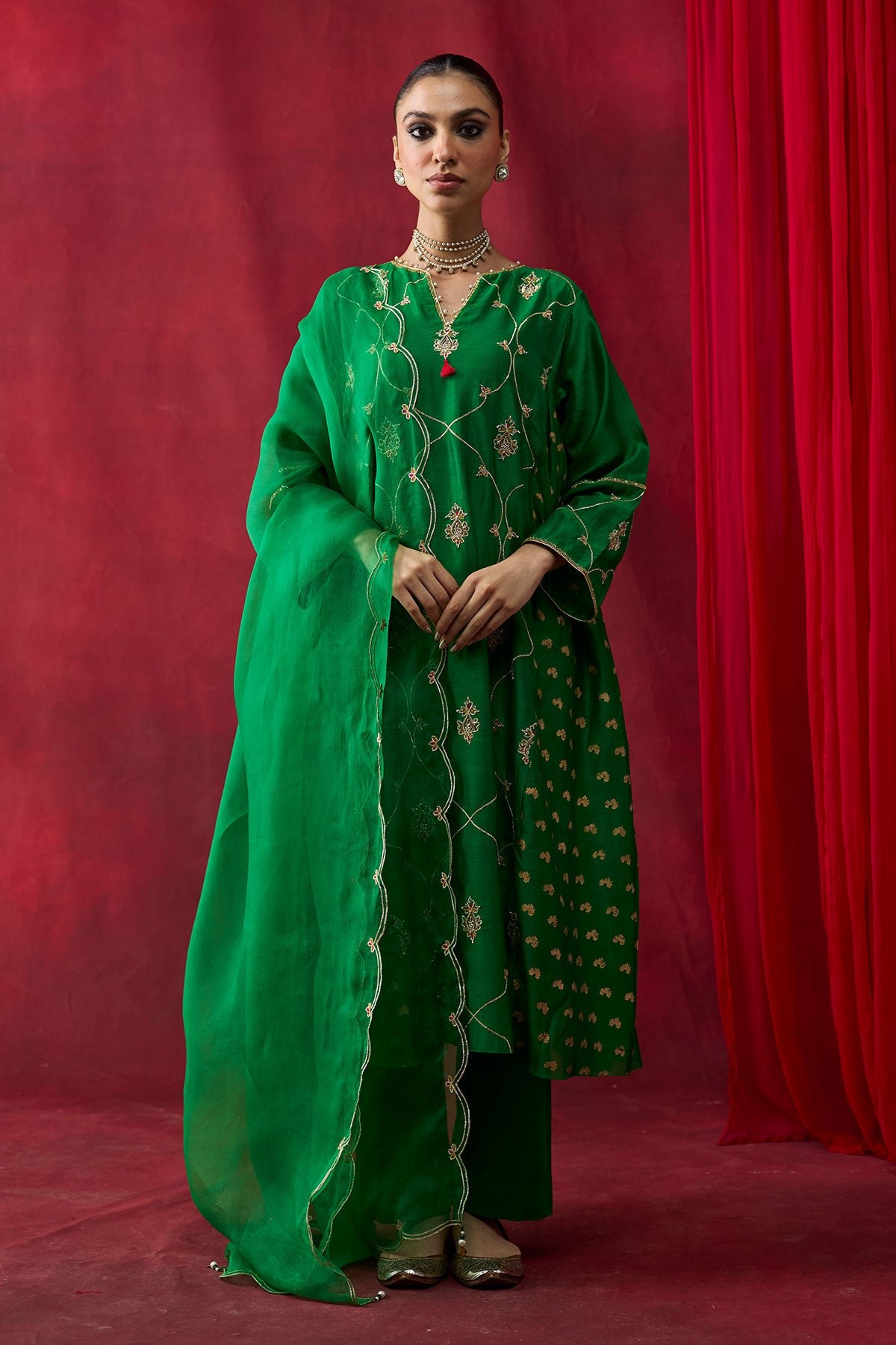 Green Silk Chanderi Block Print Embroidered Kurta Set