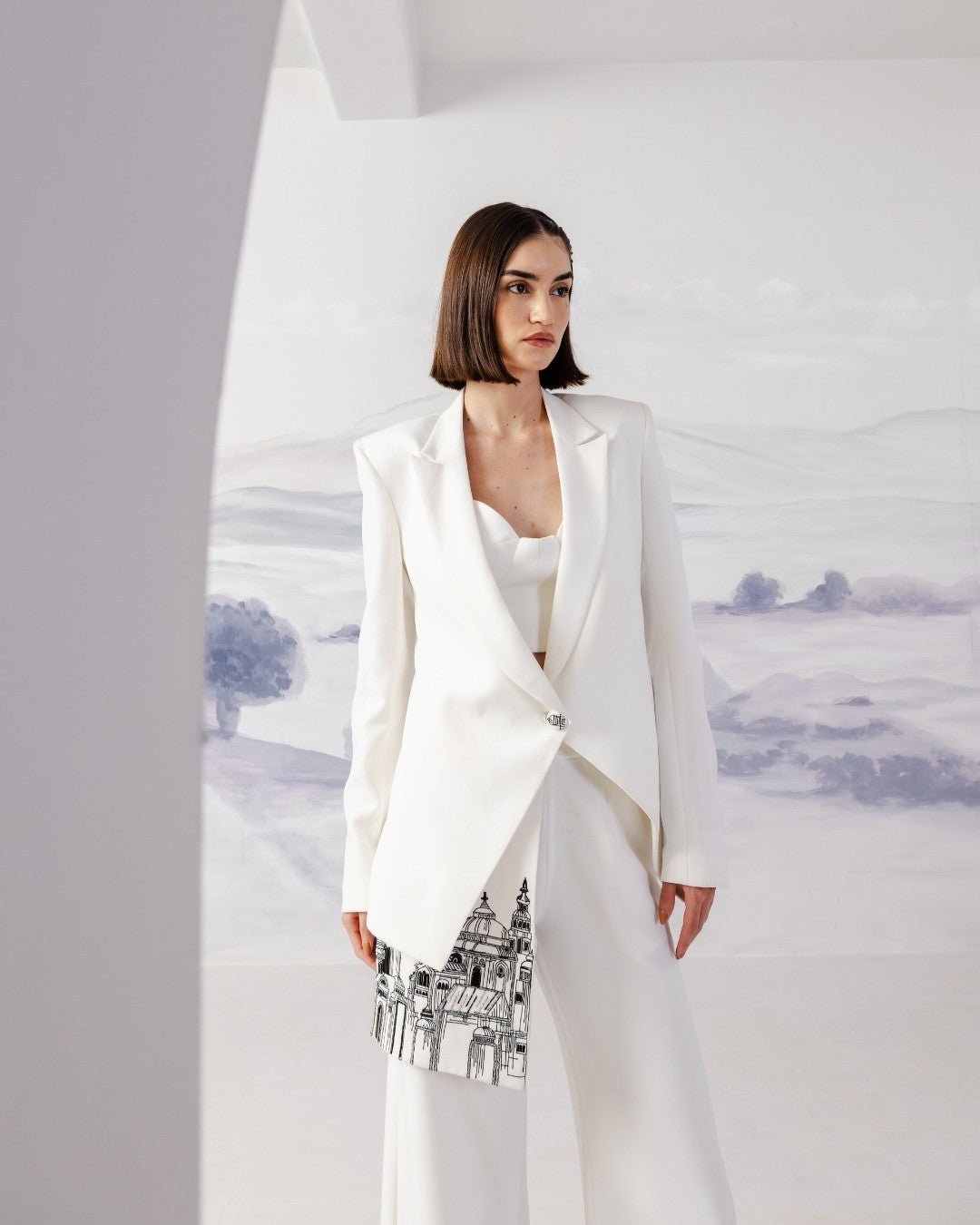 White Tailored Blazer with Detachable Embroidered Panel