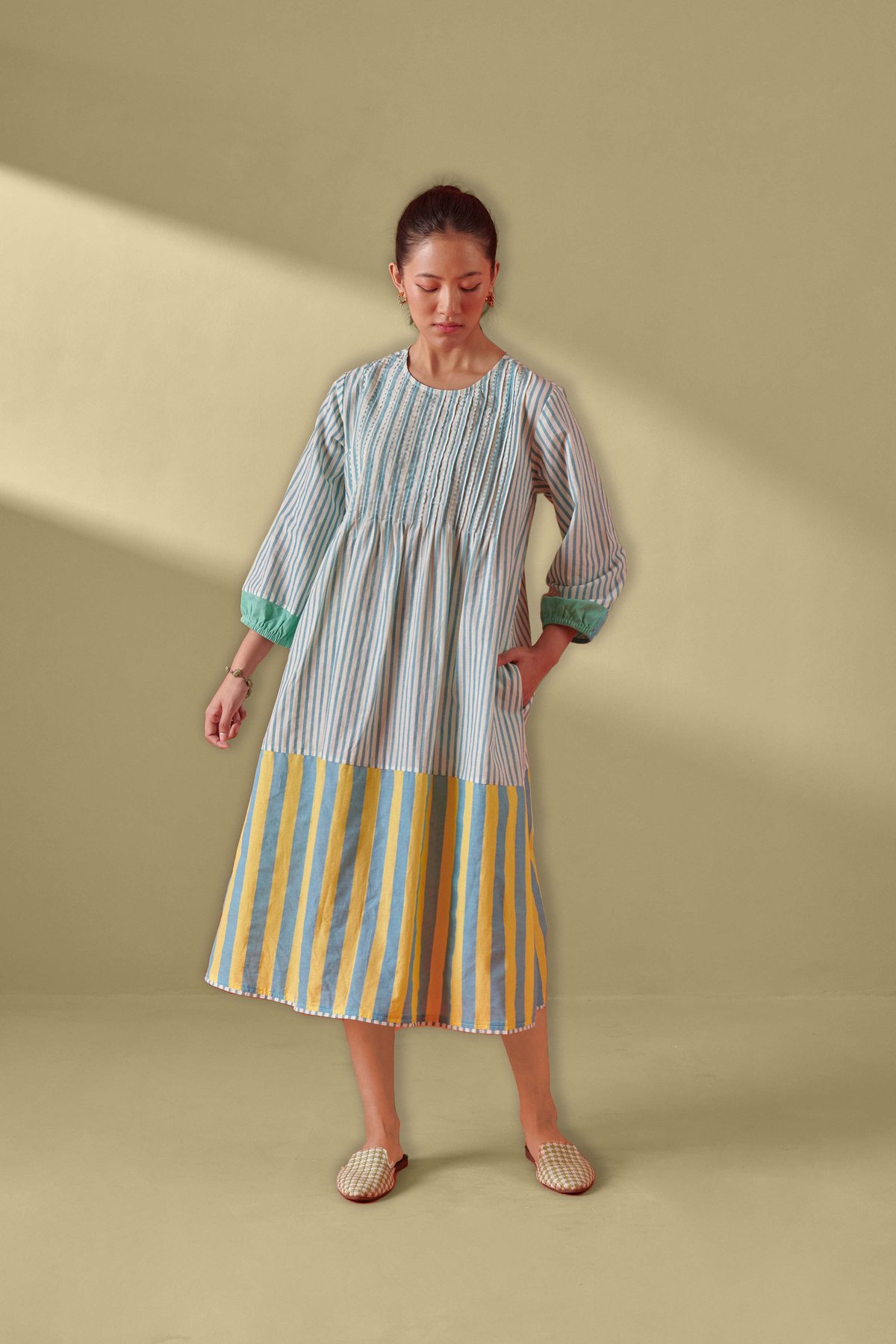 Eclat Aqua & Yellow Pintuck Striped Dress
