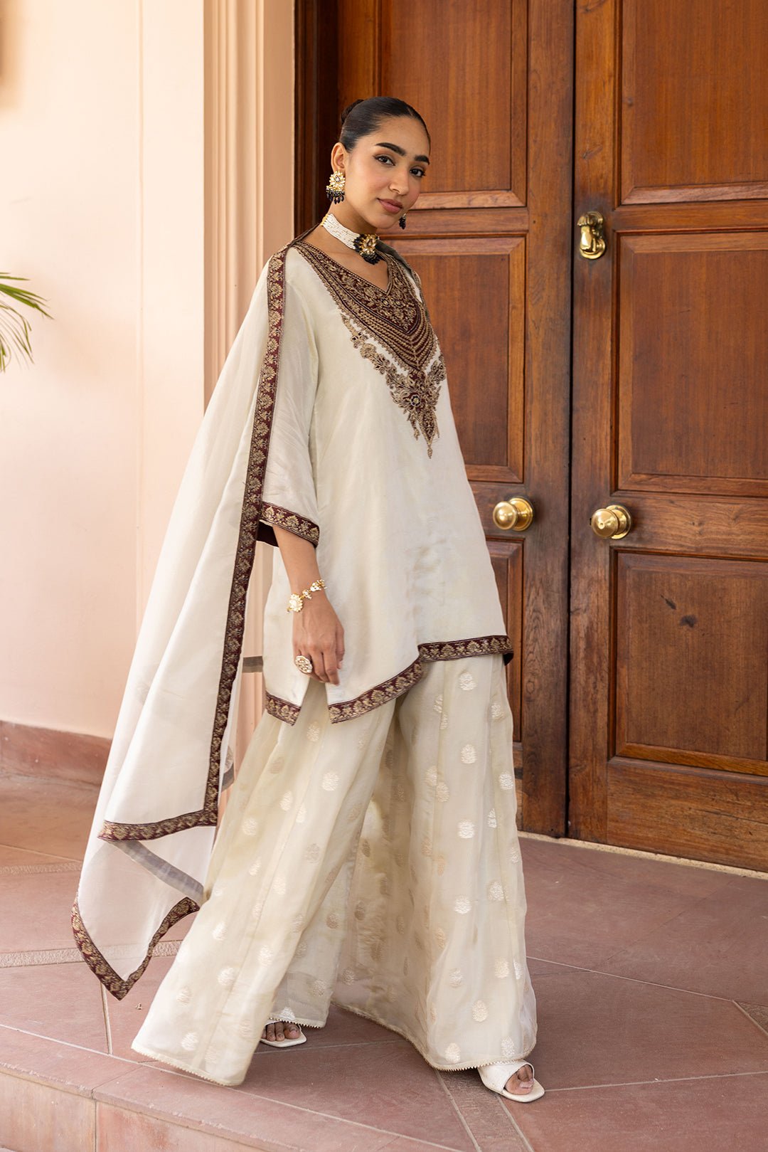 Ivory Tissue Embroidered Kurta Sharara Set with Dupatta