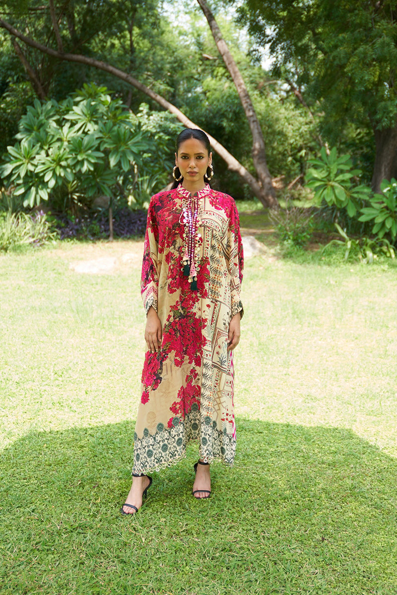 Beige and Pink Floral Printed A-Line Kaftan with Tassels