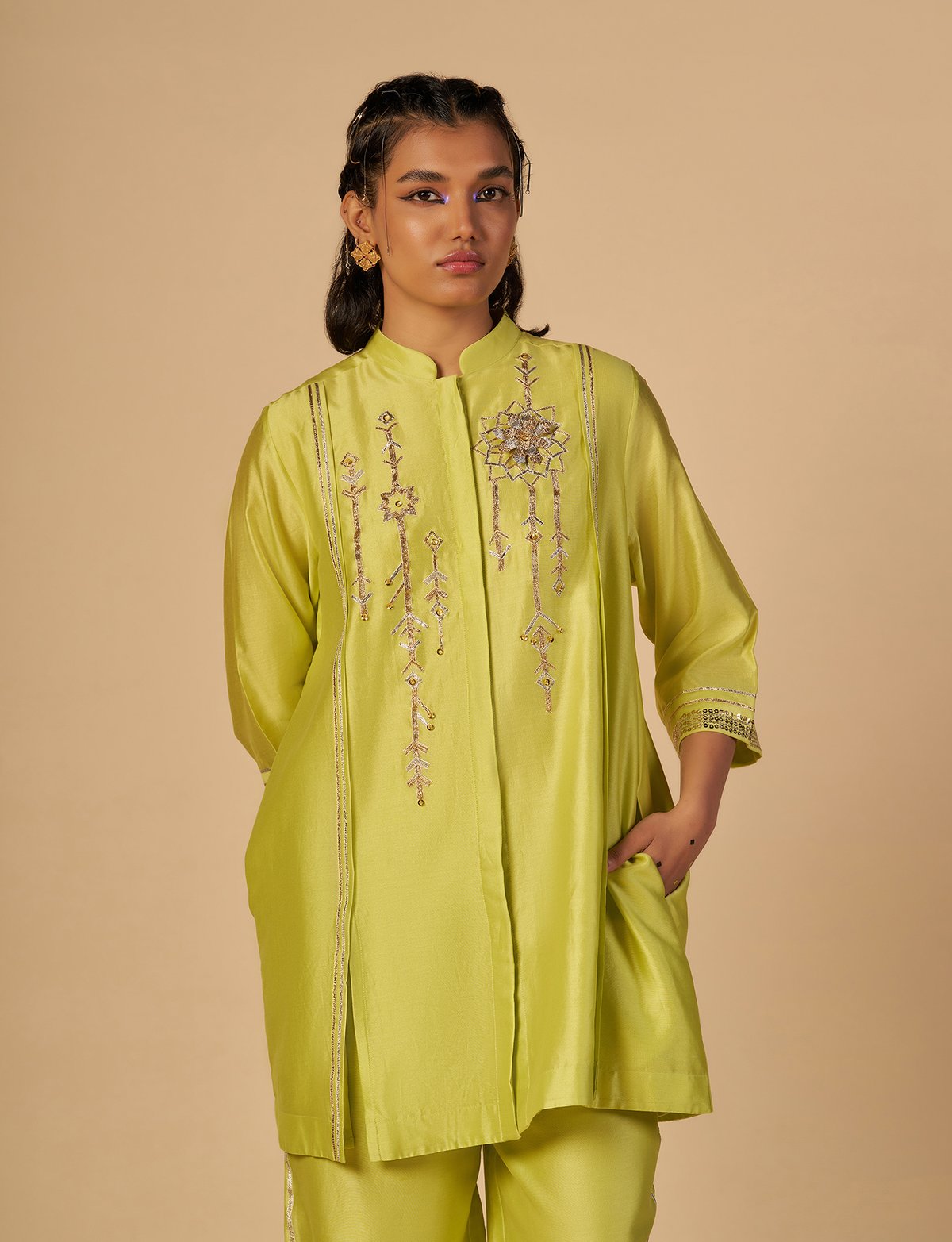 Lime Green Silk Chanderi Boxy Shirt with Gota Work
