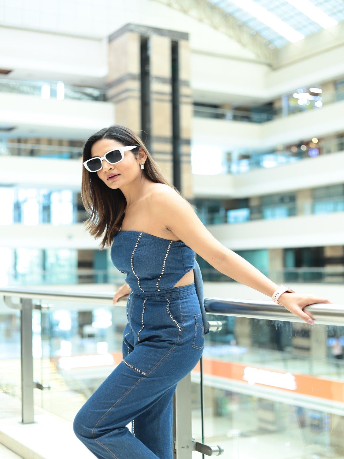 Blue Denim Strapless Studded Jumpsuit