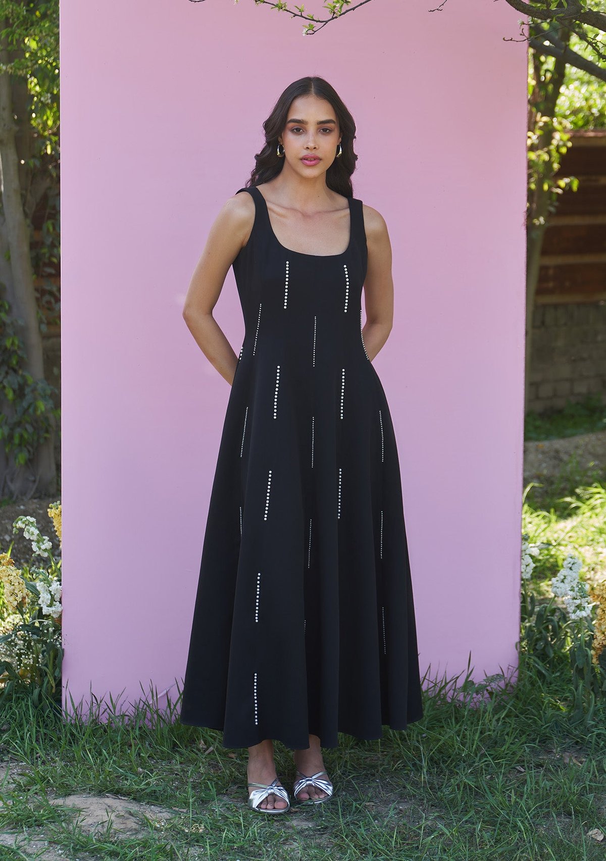 Black Fit and Flare Midi Dress with Pearl Detailing