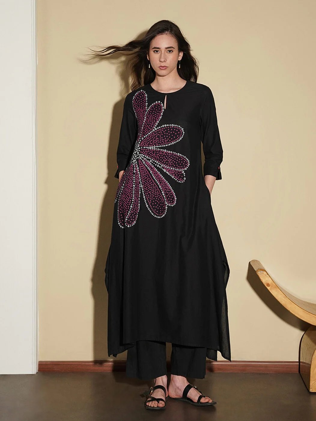 Cotton Bandhani Floral A-Line Kurta - Black