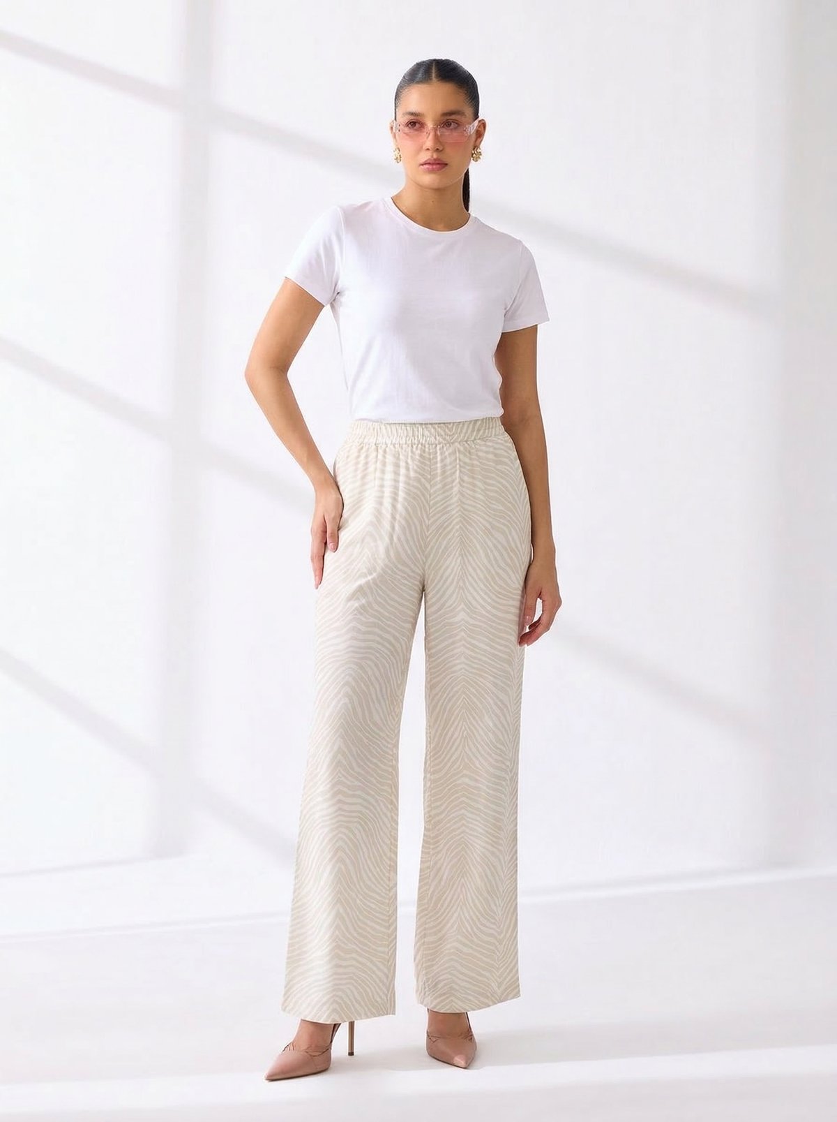 Off White Linen Printed Wide-Leg Trousers