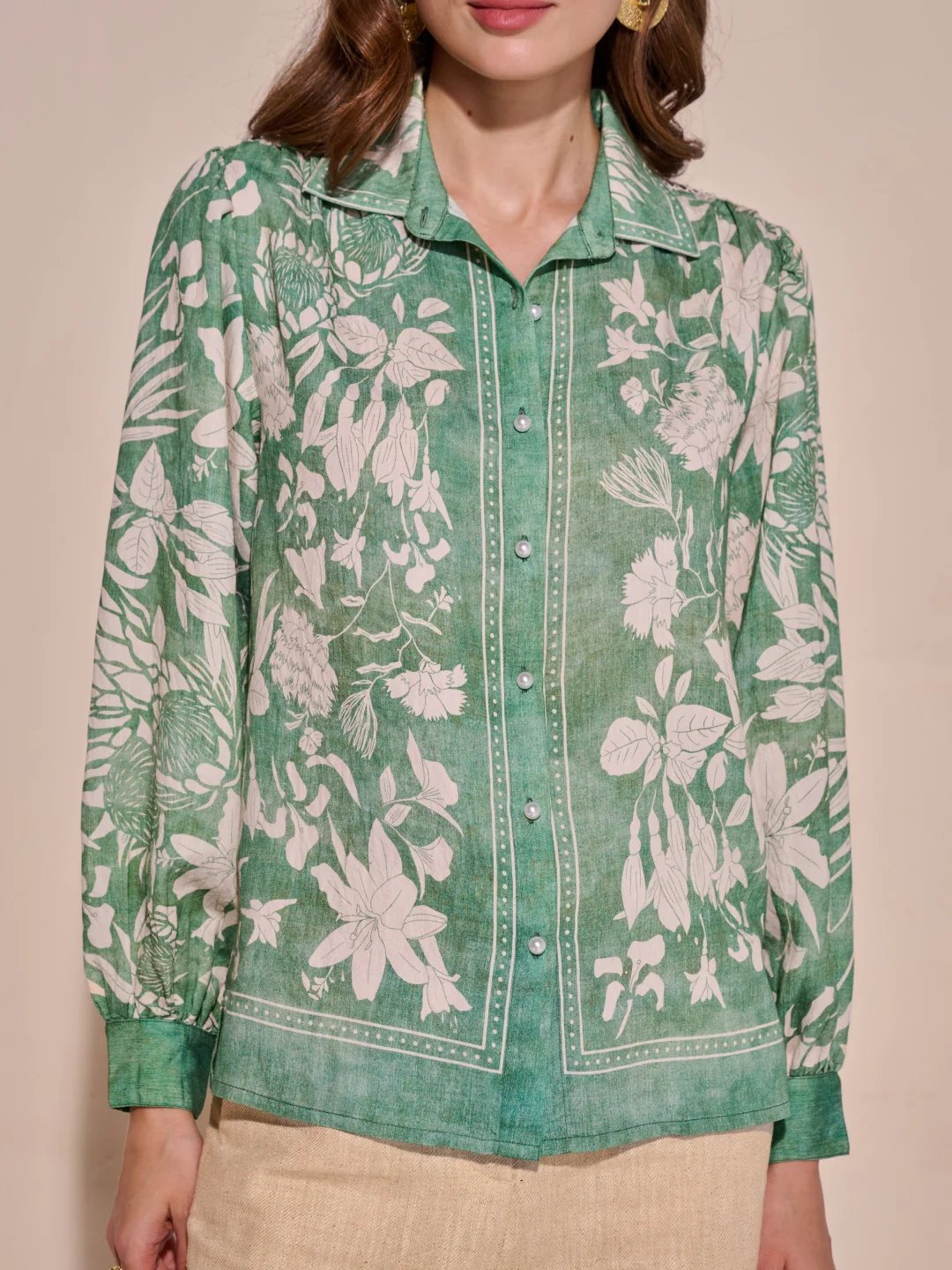Green Floral Printed Button-Down Shirt