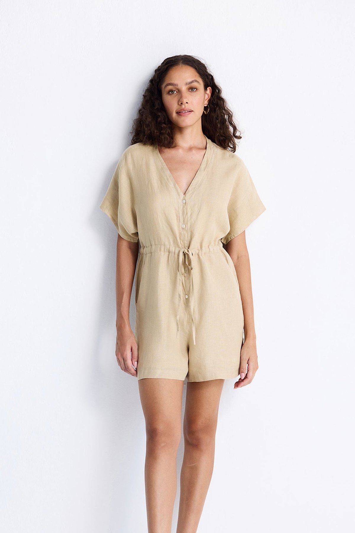 Neutral Beige Hemp V-Neck Drawstring Romper