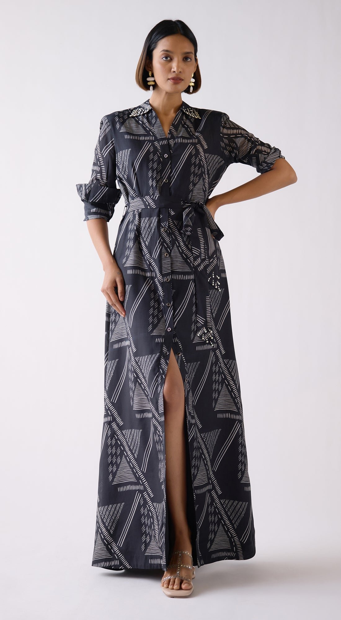 Black Abstract Print Maxi Shirt Dress with Tie Belt