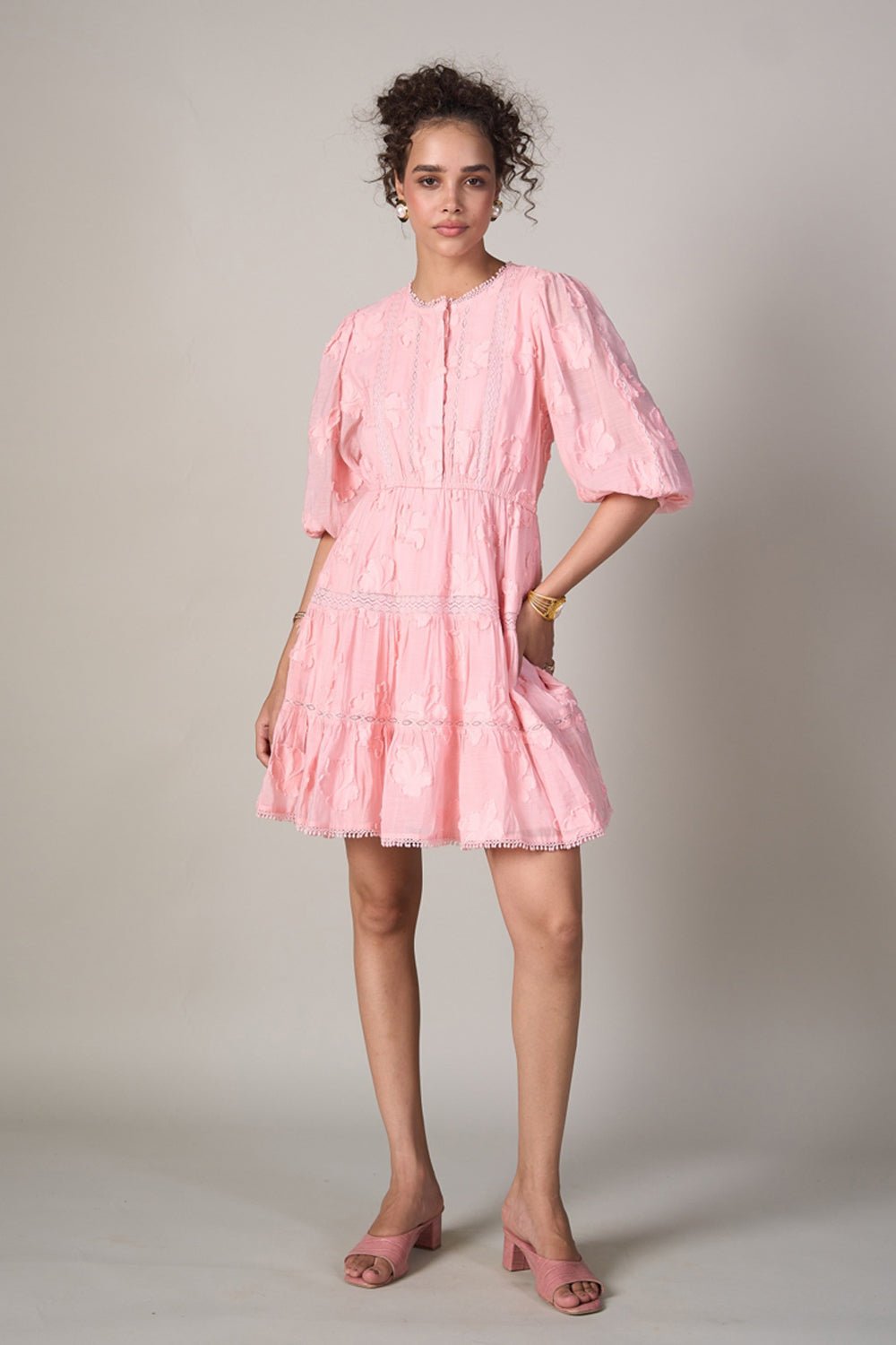 Pink Jacquard Fit and Flare Mini Dress with Lace Details