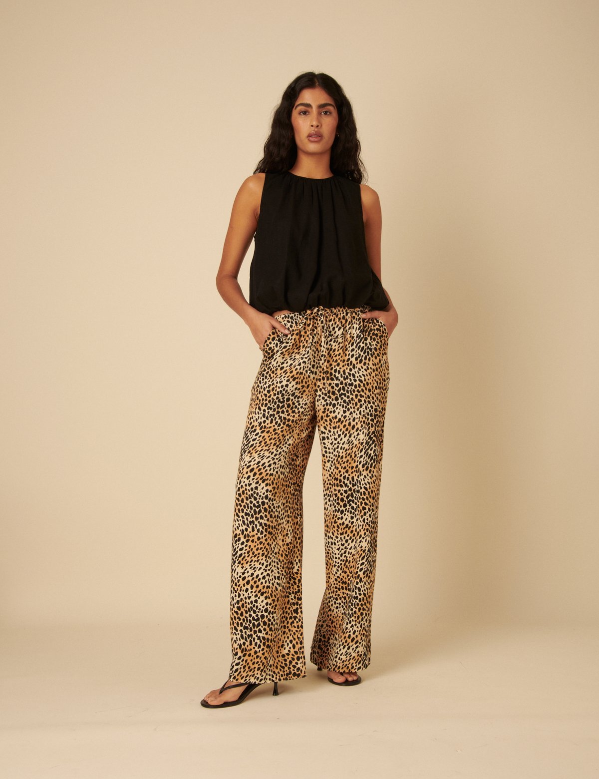 Beige Leopard Print Wide-Leg Drawstring Trousers