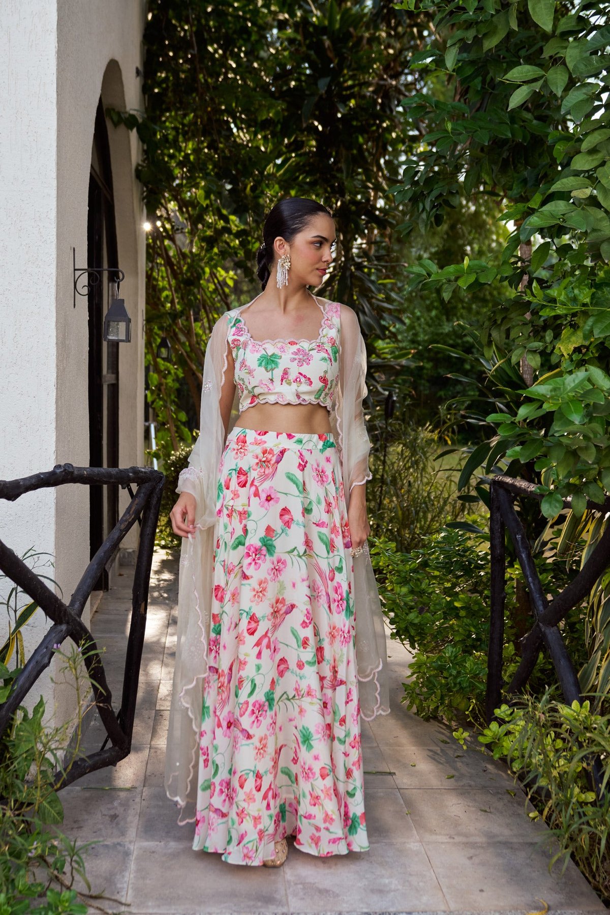 Ivory Floral Printed Lehenga Set with Organza Dupatta