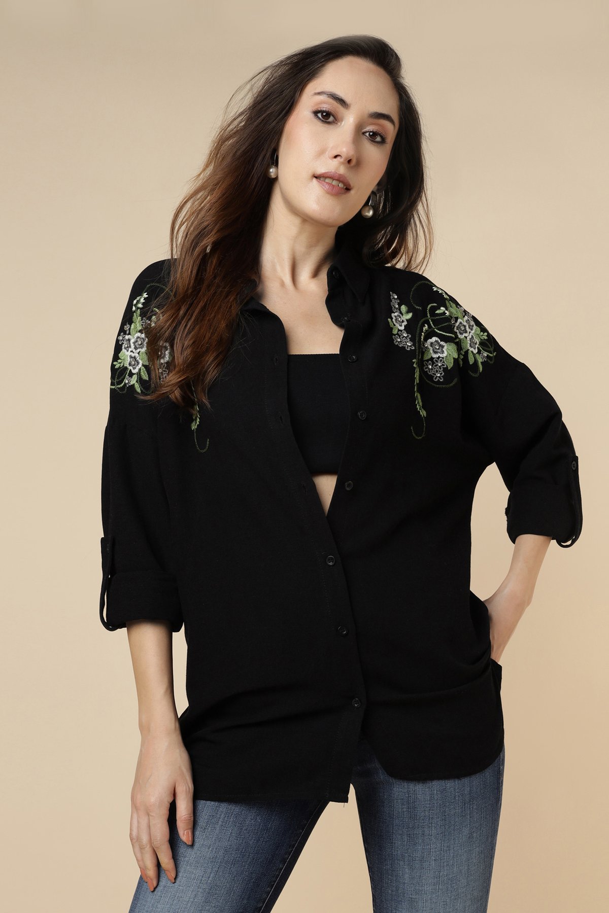 Black Button-Down Shirt with Floral Shoulder Embroidery