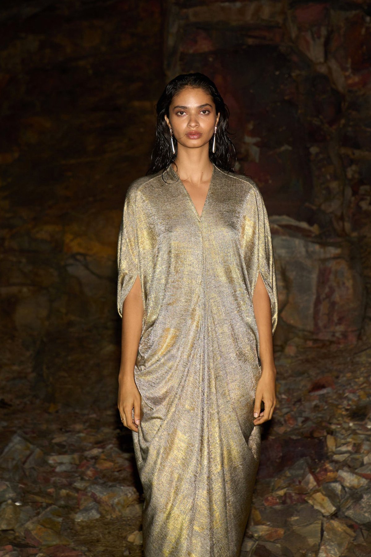 Natural/Gold Foil-Print Drape Kaftan with V-Neck