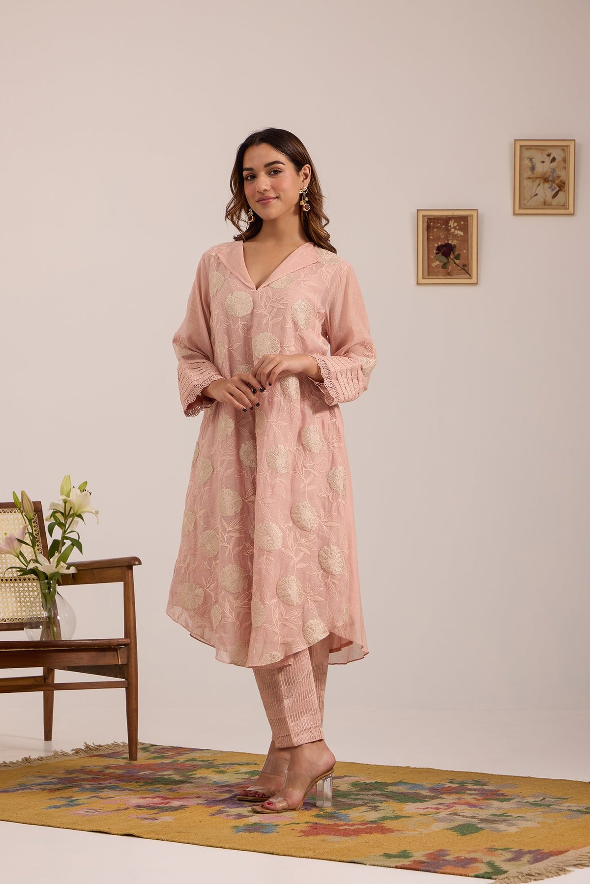 Tissue Floral Embroidered Chanderi Kurta Set