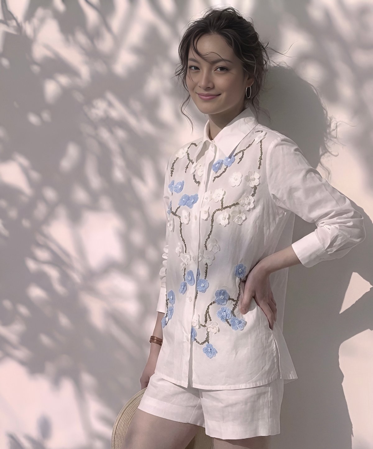 Cotton Poplin Shirt with Intricate Blue and White Coin appliques