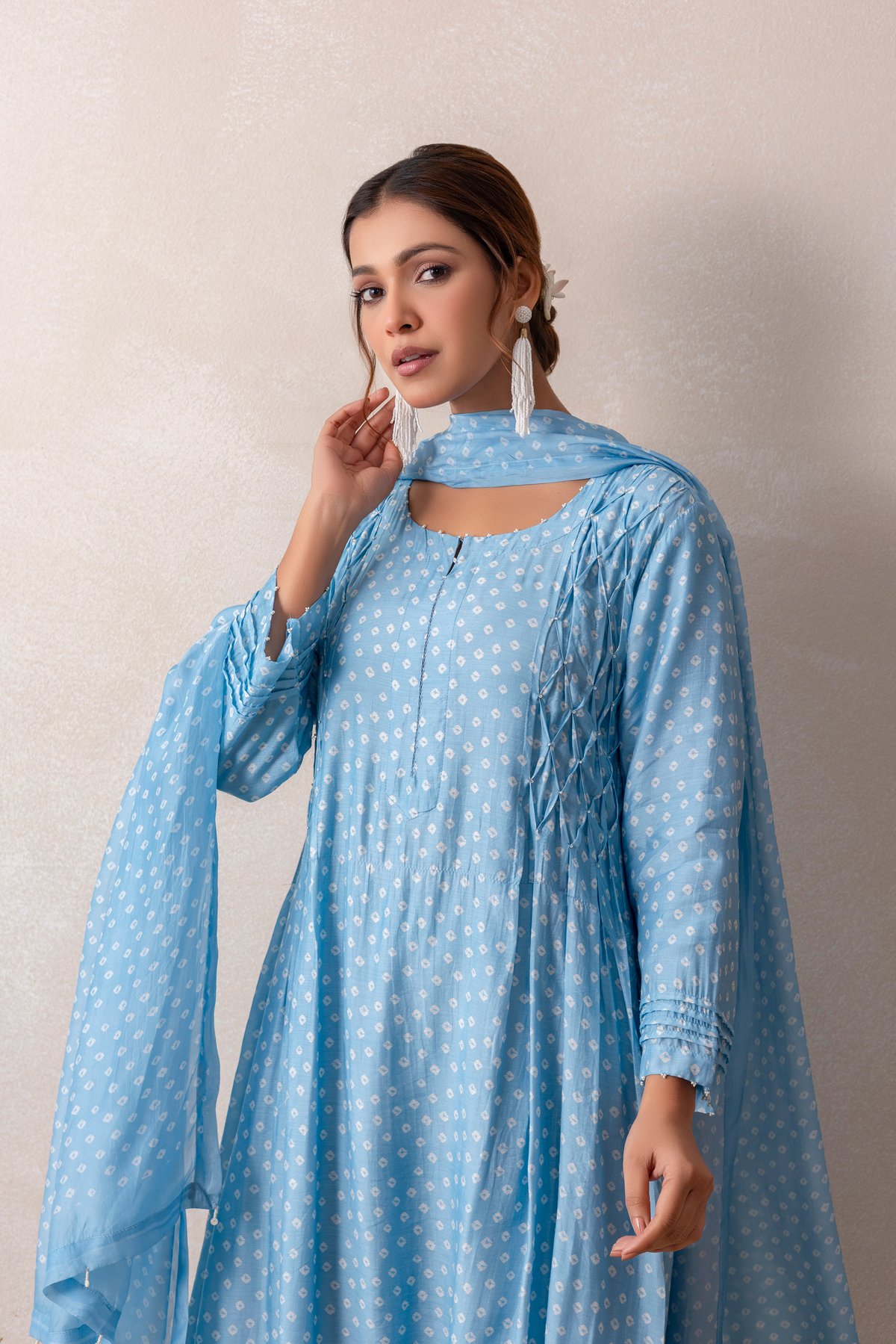 Pastel Blue Bandhani Print Straight Kurta Set with Smocking