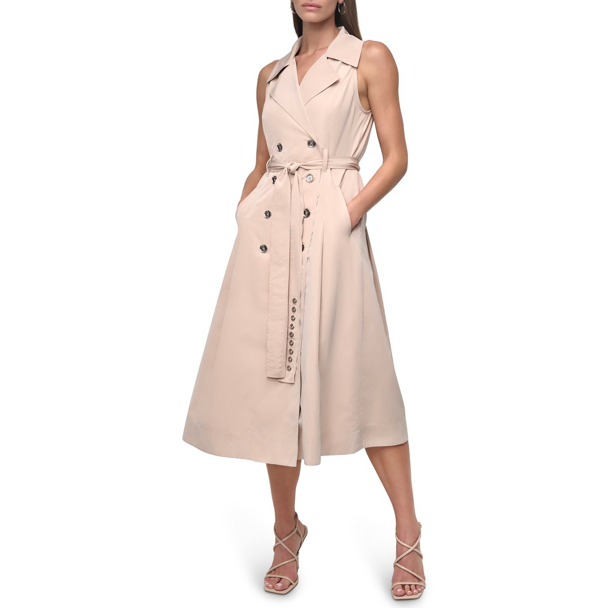 Blush Sleeveless Trench-Style Belted Midi Dress