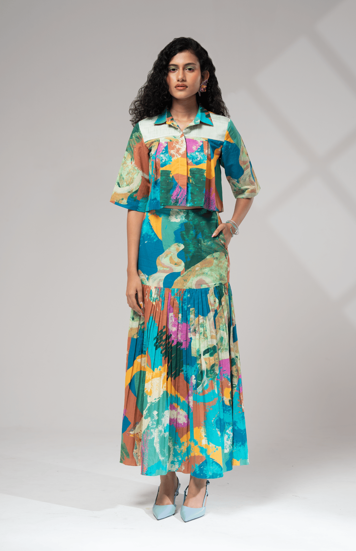 Multicolor Abstract Shirt and Maxi Skirt Co-ord Set