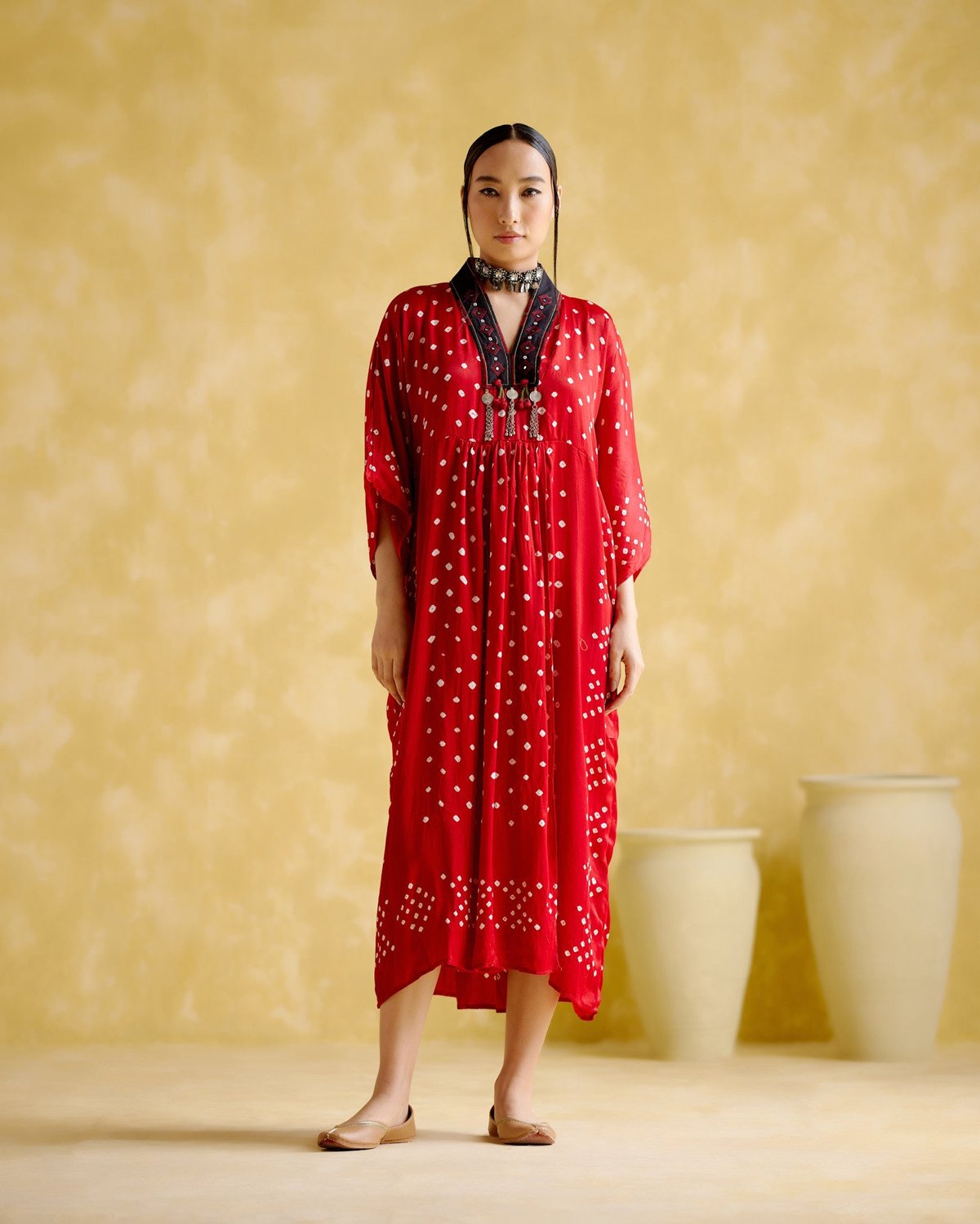 Red Bandhani Print Kaftan with Mirror Work V-Neck
