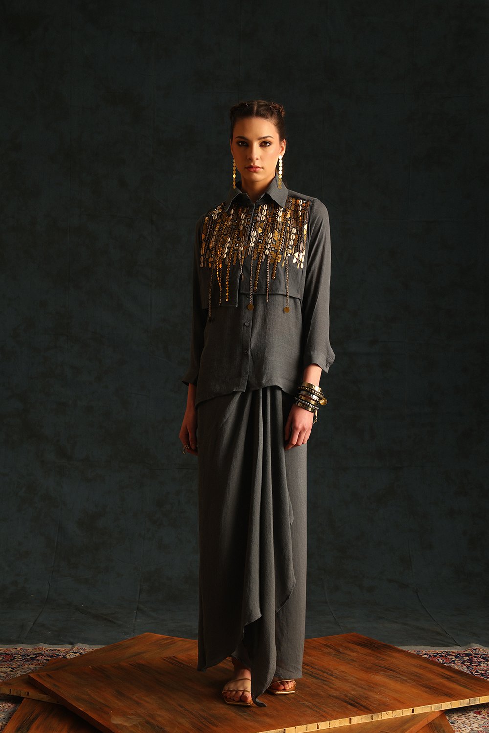 Dark Grey Shirt, Waistcoat and Draped Skirt Co-ord Set