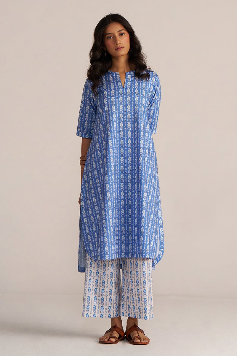 Blue and White Printed Cotton Kurta Co-ord Set