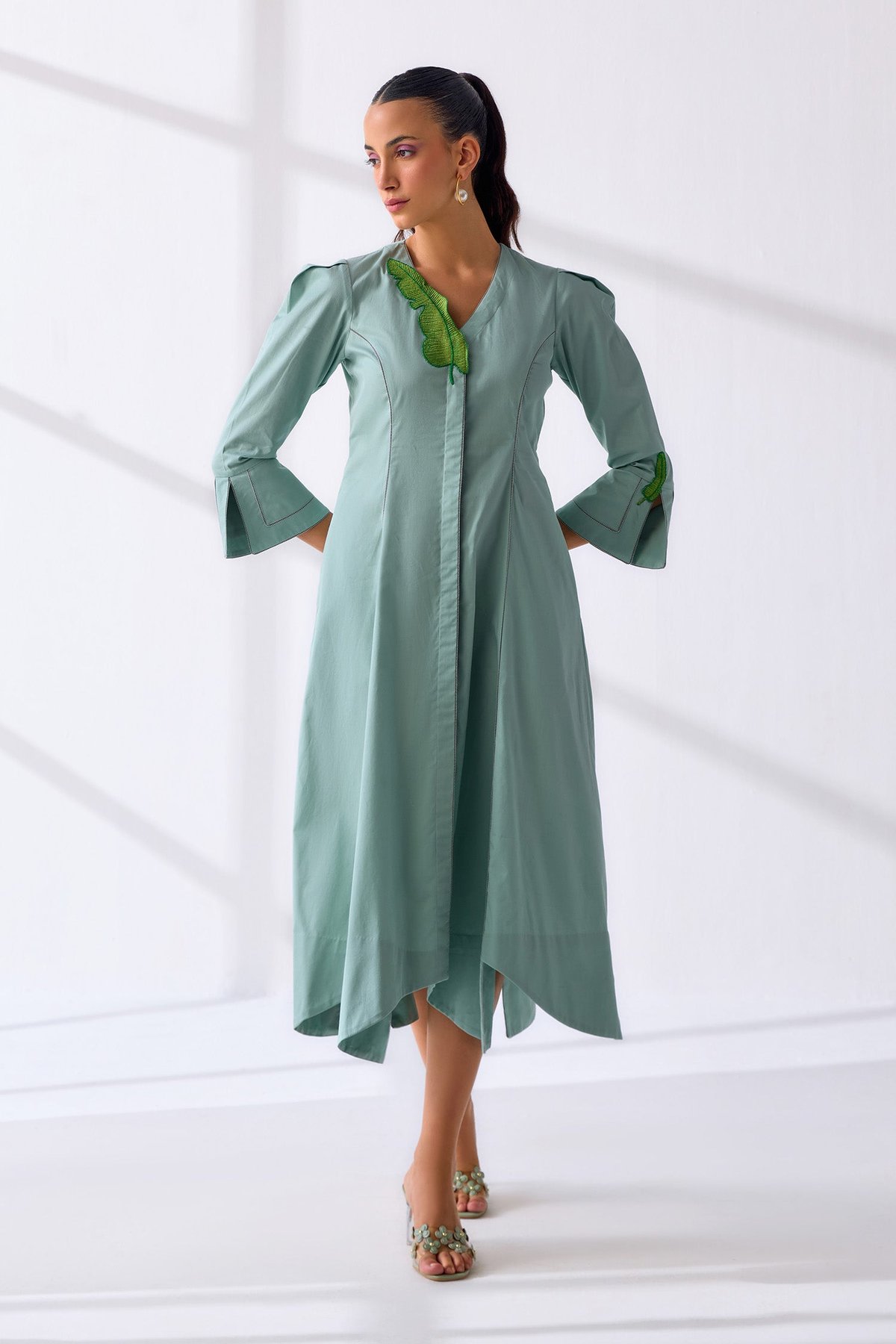 Sea Foam Cotton Twill Fit and Flare Midi Dress