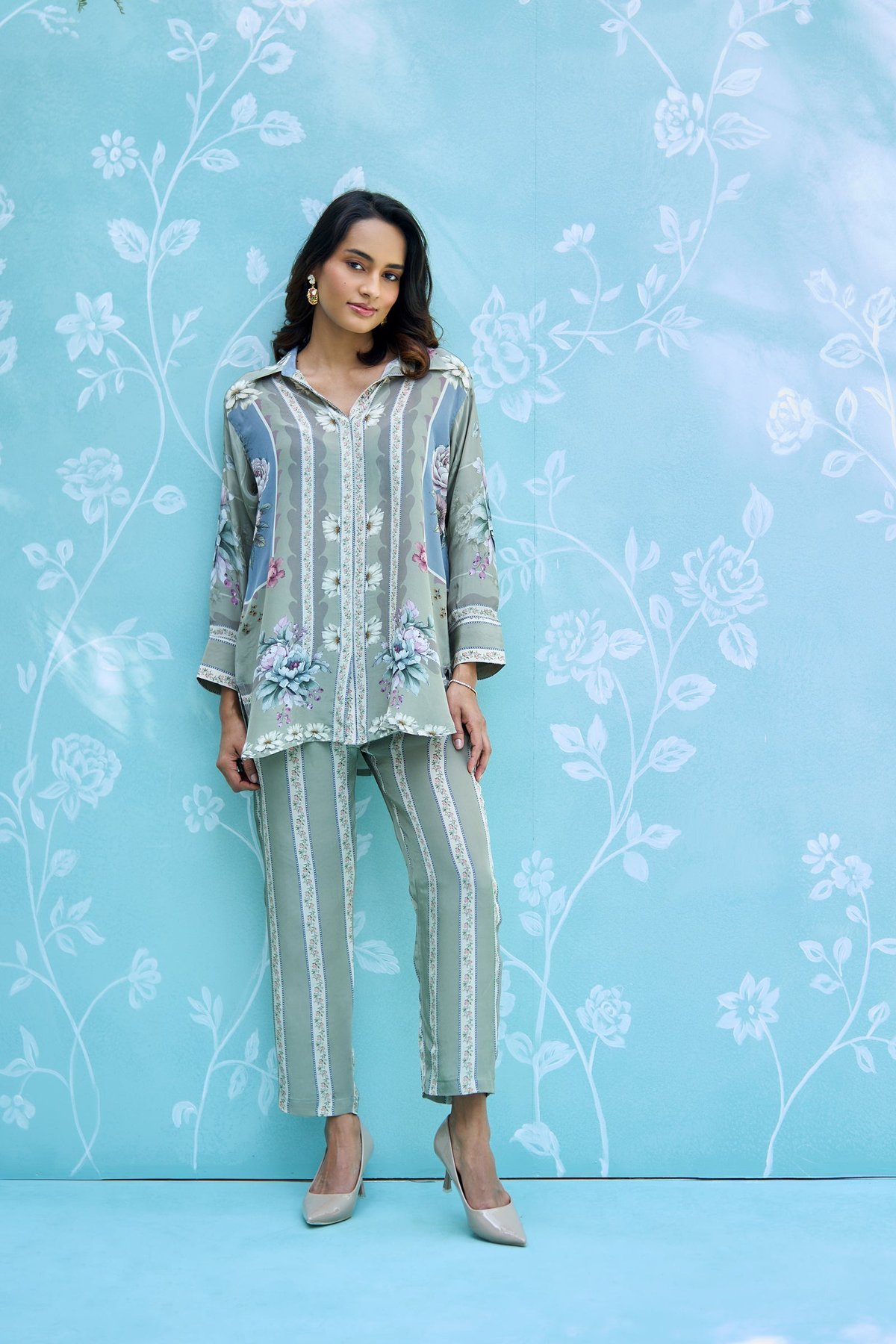 Green Botanical Printed Shirt and Pants Co-ord Set