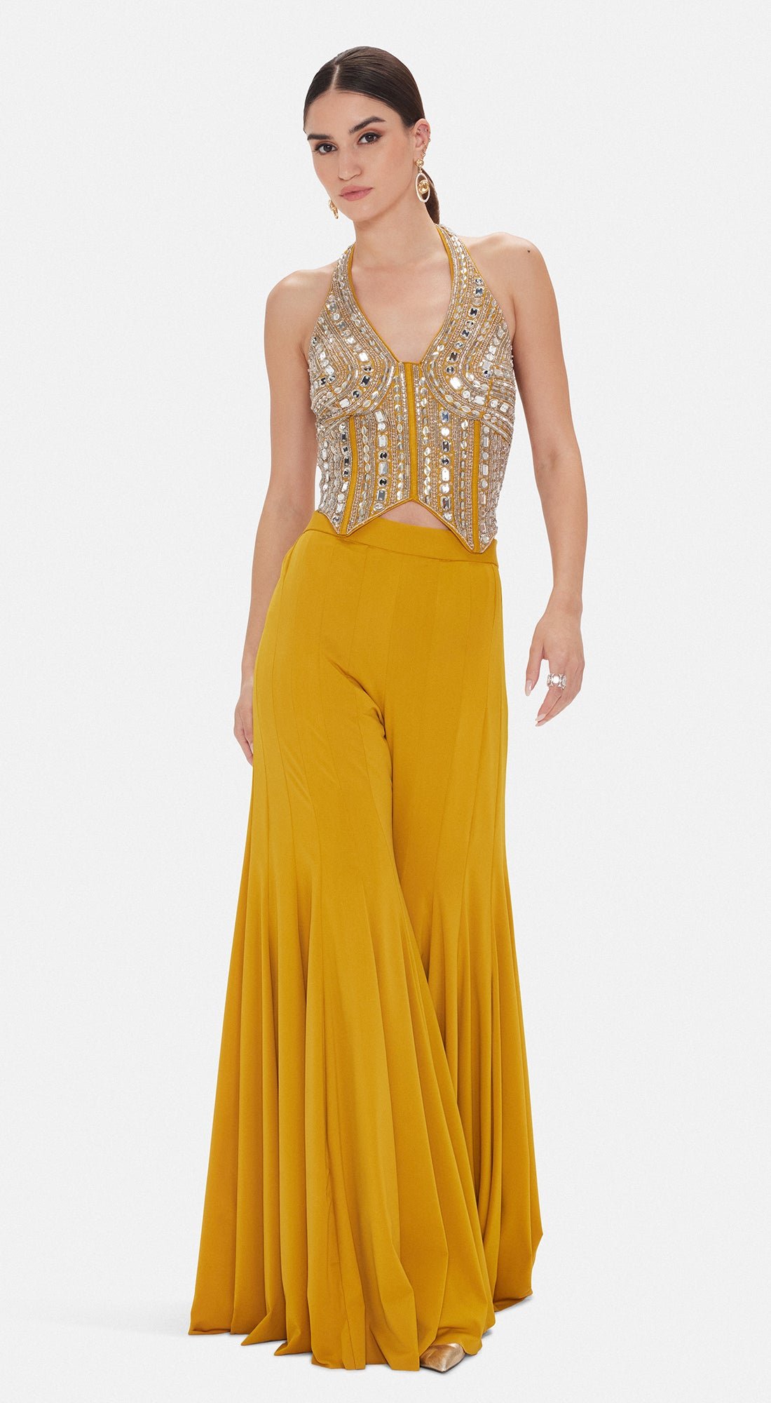 Yellow Halter Mirrorwork Blouse and Sharara Co-ord Set