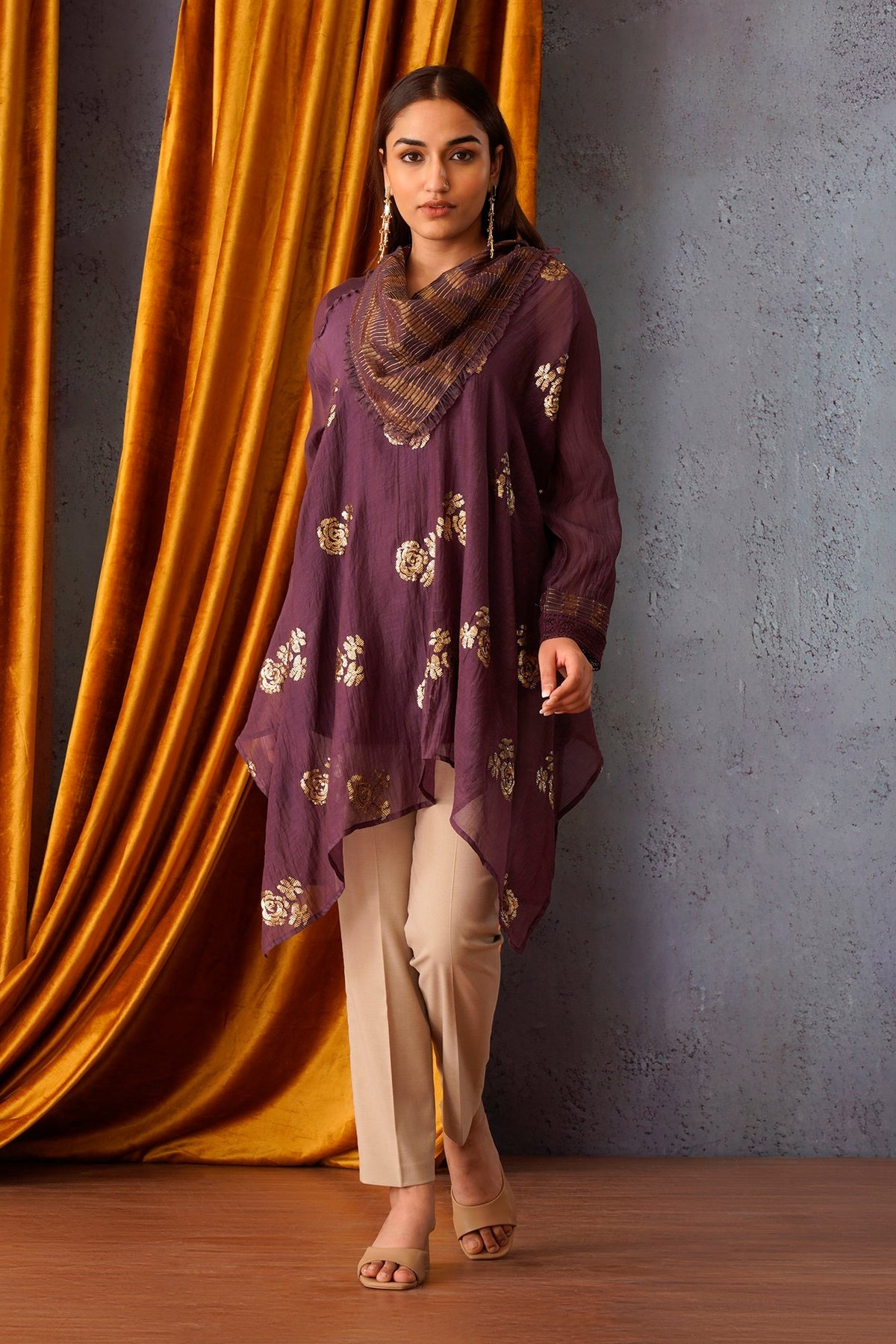 Sequin Embroidered Asymmetric Tunic with Cowl Neck