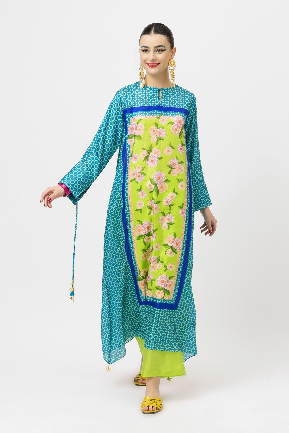 Lime Silk Printed A-Line Kurta Set with Dupatta