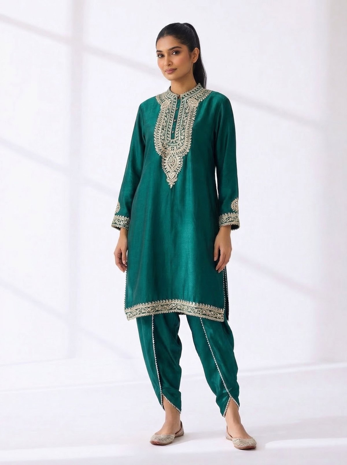 Emerald Green Embroidered Kurta Set with Draped Bottom